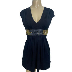 SKY Dress V neck Cap sleeve Jersey Mini Flare Tunic Black Gold Chain Belt XS